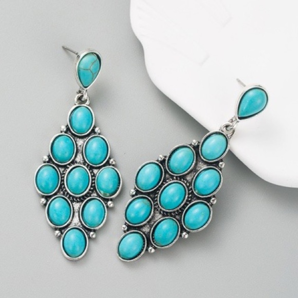 Western Faux Turquoise Stone Blue Chandelier Silver Earrings Gift New Boho - Picture 3 of 5